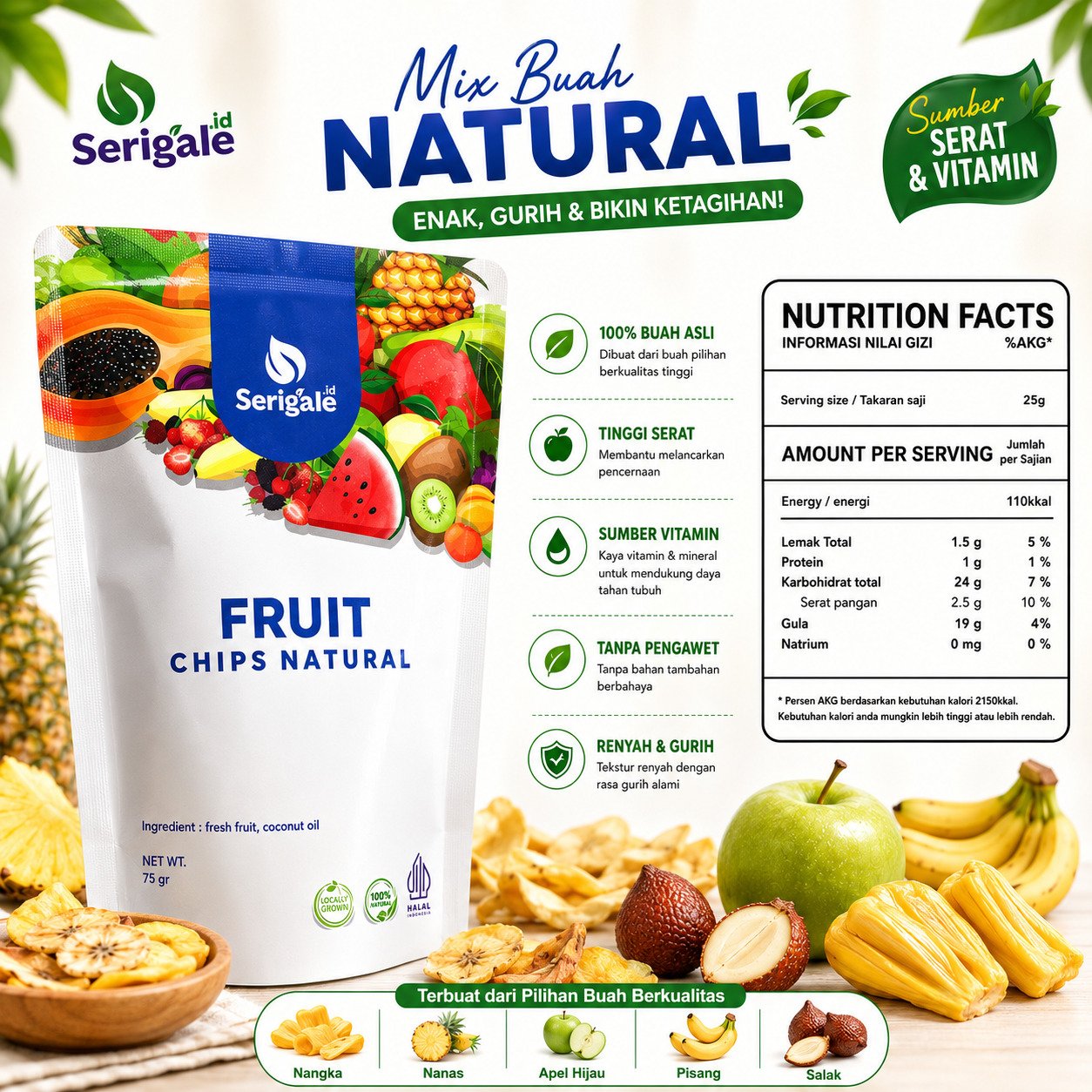 SERIGALE Keripik Buah Mix Legit I Camilan Sehat I kemasan 50 gr 75 gr Ziploc I Nangka Apel Salak - Gambar 7